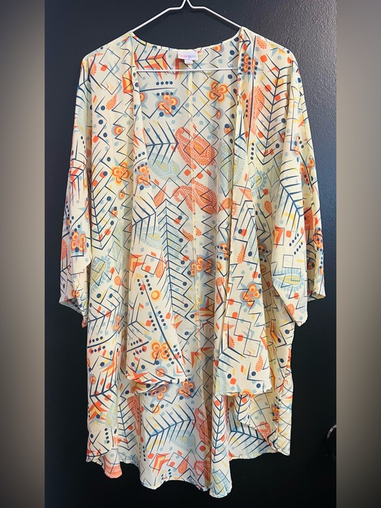 LuLaRoe Jackets & Blazers - LuLaRoe Cream Kimono with Orange & Blue Floral Geometric Print